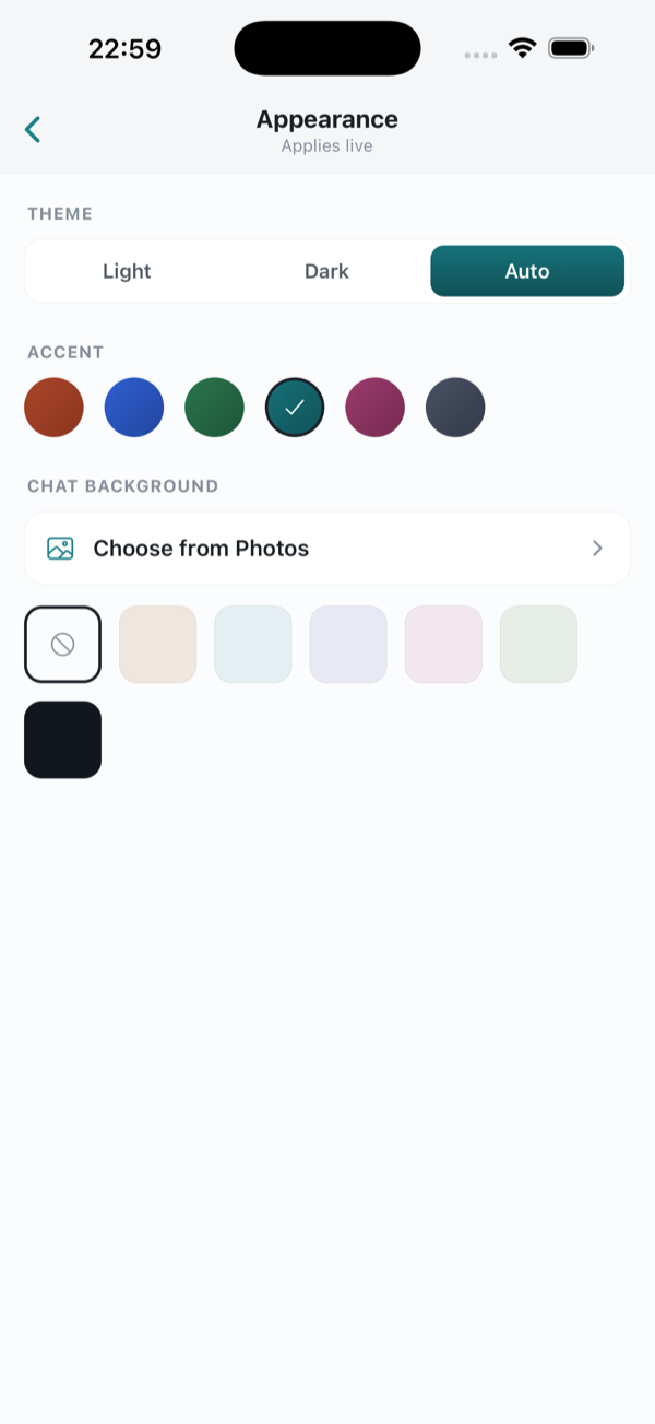 Appearance settings with six themes and light or dark