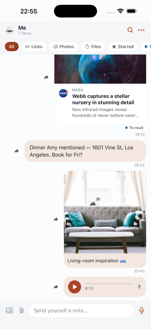 StoryStow app showing a private thread with notes, a link card and a photo